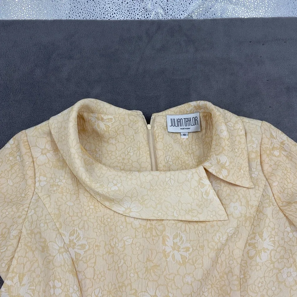 Julian Taylor Sheath Dress Womens 10 Pastel Yellow Floral Jacquard Peplum Retro - Picture 3 of 8